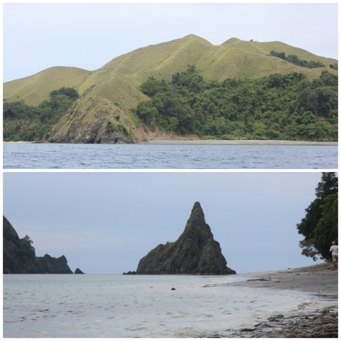 beberapa landscape di atas laut pulau Dua. Bawah: salah satu Karst berbentuk-seperti-akar-gigi-terbalik yang merupakan ciri khas Pulau Dua.