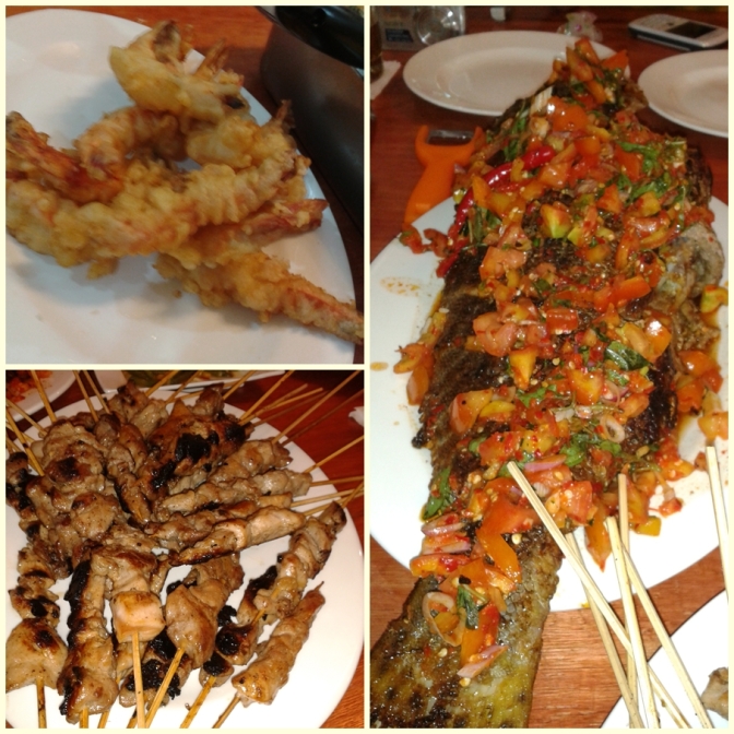 Goroppa fish Grilled then spiced with dabu-dabu sambal. We have also chicken satay and Fried Shrimp